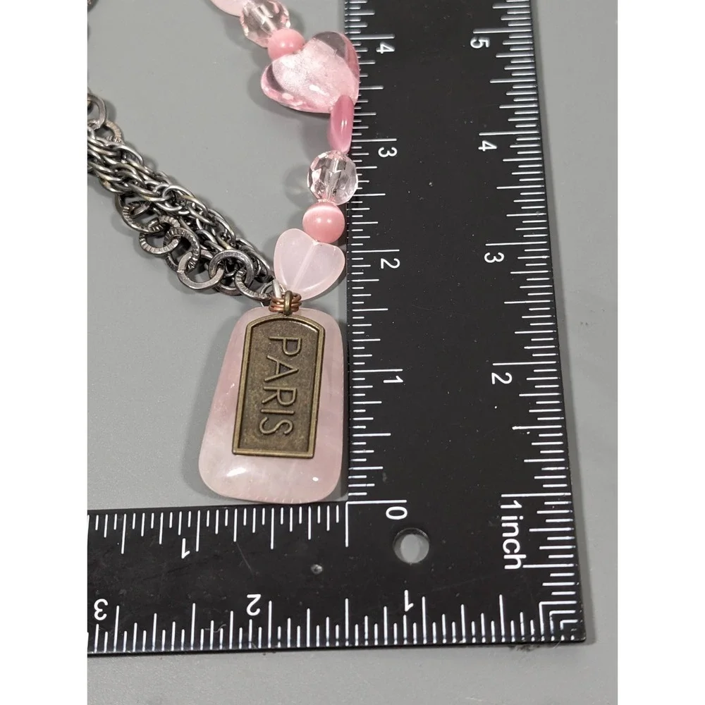 Pink Frosted Glass Heart Multi‎ Chain Paris Charm Necklace 20
